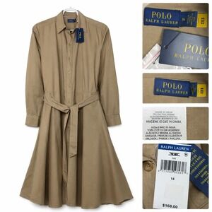NEW Polo Ralph Lauren Shirt Dress Women 14 Tan Cotton Belted Midi Old Money Chic